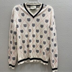 Gucci Tiger Sweater Size Small Argyle Off White Navy Red Authentic *small flaw*